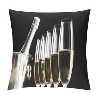 Personality  Selective Focus Of Champagne Glasses With Sparkling Wine Near Ice Bucket With Bottle Isolated On Black Pillow Covers