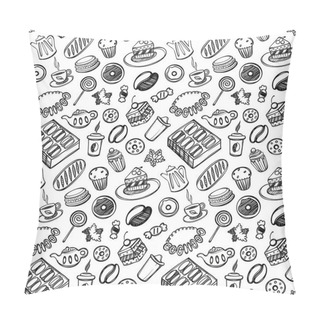 Personality  Cartoon Cute Food And Kitchenware On White Background. Seamless Pattern. Linear Illustration. For Zentangle Book. Dessert Time Pillow Covers