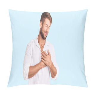 Personality  Young Caucasian Man Wearing Casual Clothes Smiling With Hands On Chest With Closed Eyes And Grateful Gesture On Face. Health Concept.  Pillow Covers