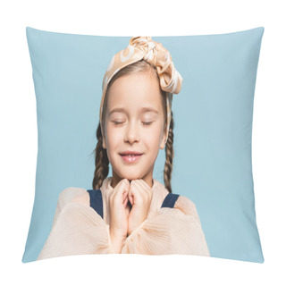 Personality  Cheerful Kid In Headband With Bow With Closed Eyes Isolated On Blue Pillow Covers
