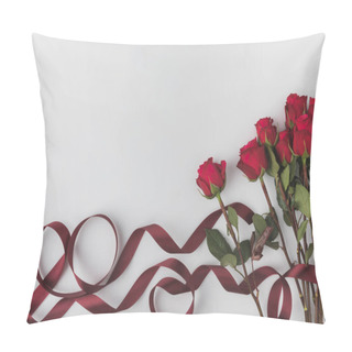 Personality  Top View Of Beautiful Red Roses With Ribbon Isolated On White, St Valentines Day Concept Pillow Covers