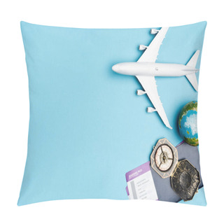 Personality  Top View Of White Plane Model, Compass, Globe And Tickets On Blue Background Pillow Covers