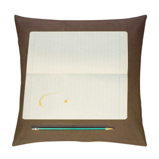 Personality  Notebook With Coffee Stain And Pencil On Tabletop Pillow Covers