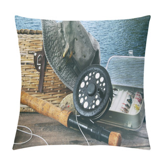 Personality  Hat And Fly Fishing Gear On Table Near The Water Pillow Covers