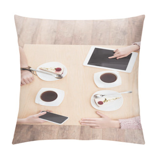 Personality  Cropped Image Of Kids Sitting At Table With Gadgets On Surface At Cafe  Pillow Covers