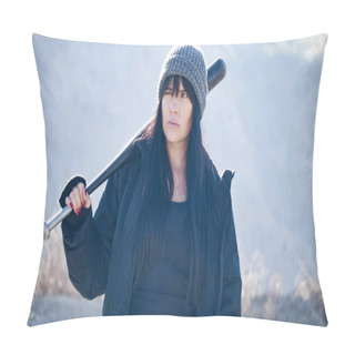 Personality  Brutal Woman From Hooligan Gangs Goes With A Baseball Bat In The Wasteland. Pillow Covers