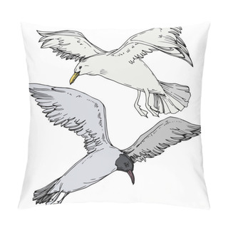Personality  Sky Bird Seagull In A Wildlife. Black And White Engraved Ink Art. Isolated Gull Illustration Element. Pillow Covers