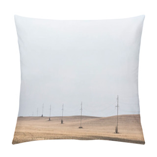Personality  Panoramic Concept Of Power Line Near Golden Field Against Cloudy Sky  Pillow Covers