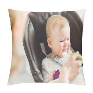 Personality  Infant Daughter In Baby Chair Rejecting From Food That Mother Giving To Her  Pillow Covers