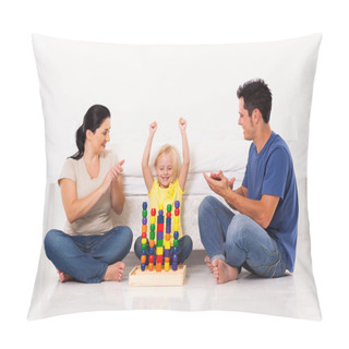 Personality  Happy Little Girl Playing Toys With Parents On Bedroom Floor Pillow Covers