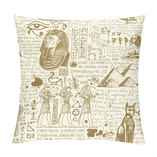 Personality  Vector Seamless Pattern On The Theme Of Ancient Egypt With Hand-drawn Egyptian Gods And Handwritten Text Lorem Ipsum. Monochrome Abstract Background. Wallpaper, Wrapping Paper, Fabric In Retro Style Pillow Covers