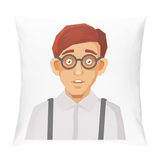 Personality  Cartoon Style Portrait Of Nerd With Glasses And Green Pullover. Vector Pillow Covers