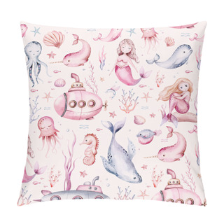 Personality  Watercolor Sea Pattern With Mermaids, Corals, Seahorse. Backgroud For Children's Room Design And Textiles With Submarine Seaweed, Unicorn-fish, Fish And Jellyfish Pillow Covers