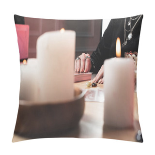 Personality  Selective Focus Of  Female Psychic  Laying Tarot Cards Near Burning Candles Pillow Covers