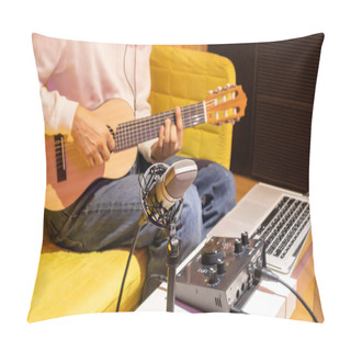 Personality  Live Music Streaming And Recording Concept. Asian Music Vlogger Streaming A Live Video While Playing Acoustic Guitar In Home Studio Pillow Covers