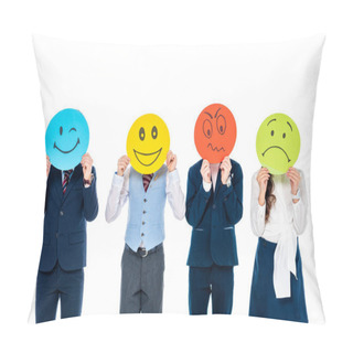 Personality  Schoolchildren In Formal Wear Covering Faces With Cards With Various Face Expressions Isolated On White Pillow Covers