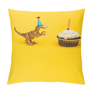 Personality  Toy Dinosaur In Party Cap Beside Cupcake With Candle On Yellow Background Pillow Covers