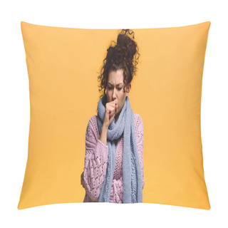 Personality  Diseased Woman In Warm Sweater And Scarf Coughing Isolated On Orange Pillow Covers