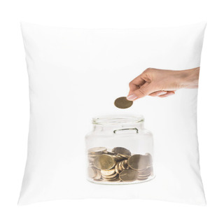 Personality  Cropped View Of Woman Taking Golden Coin From Glass Jar Isolated On White  Pillow Covers