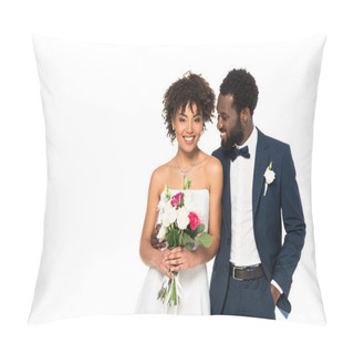 Personality  Happy African American Bride Holding Bouquet Near Bridegroom Standing With Hand In Pocket  Isolated On White  Pillow Covers