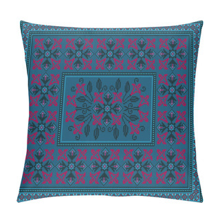 Personality  Luxurious Blue Carpet With Ethnic Ornaments Of Crimson Flower Patterns To The Border And With A Bouquet Of Crimson Flowers In The Center Pillow Covers