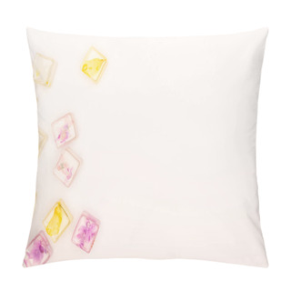 Personality  Top View Of Floral And Fruit Refreshing Ice Cubes On White Background With Copy Space Pillow Covers