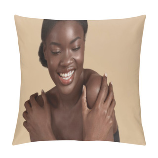 Personality  Portrait Close Up Of Beautiful African Girl. Thoughtful Young Woman With Perfect Skin Hug Hermself. Concept Of Skin Care. Isolated On Beige Background. Studio Shoot Pillow Covers