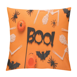 Personality  Halloween Themed Decor With Slogan Boo! On A Stick On An Orange Background. Top View. Flat Lay Pillow Covers