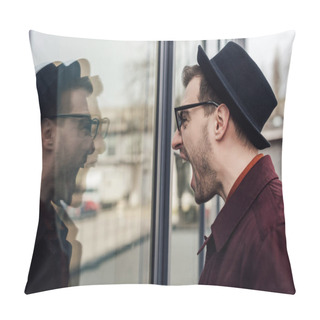 Personality  Angry Man In Hat Screaming On His Reflection In Window  Pillow Covers