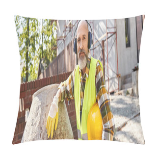 Personality  Jolly Cottage Builder In Safety Gloves And Vest With Headphones And Helmet Smiling At Camera, Banner Pillow Covers