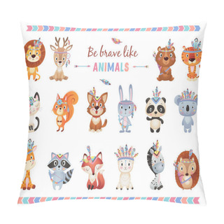 Personality  Be Brave Like Animals Cute Brave Ethnic Indians Animals With Feathers Collection On White Background Pillow Covers