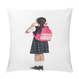Personality  Back View, Brunette Woman With Backpack Standing On White Background, Headphones And Music, Wireless Pillow Covers