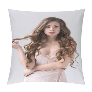 Personality  Portrait Of Attractive Girl With Long Curly Hair, Isolated On Grey Pillow Covers