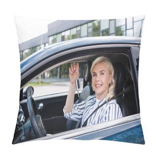 Personality  Happy Blonde Woman Holding Key On Driver Seat In Car  Pillow Covers