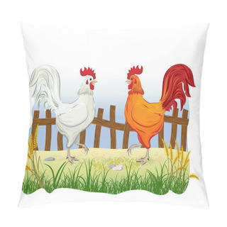 Personality  Two Cocks In Country Side Outdoor Scene With Fence Pillow Covers