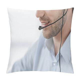 Personality  Cropped Shot Of Smiling Support Hotline Manager At Work Pillow Covers
