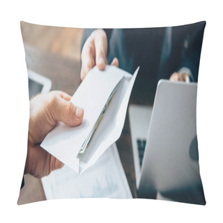 Personality  Cropped View Of Businessman Taking Envelope With Money From Investor Near Laptop On Blurred Background, Banner  Pillow Covers
