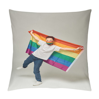 Personality  Full Length Of Redhead Queer Model In Rainbow Colors Medical Mask Holding LGBT Flag On Grey Pillow Covers