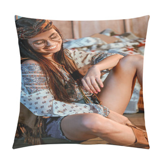 Personality  Hippie Girl Sitting On Floor Pillow Covers