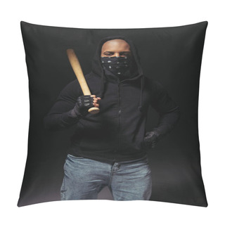 Personality  African American Hooligan With Scarf On Face Holding Baseball Bat On Black Background  Pillow Covers