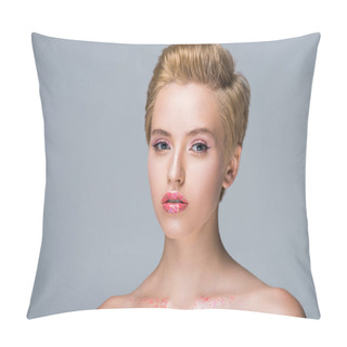 Personality  Attractive Woman With Glitter On Face And Body Looking At Camera Isolated On Grey Pillow Covers