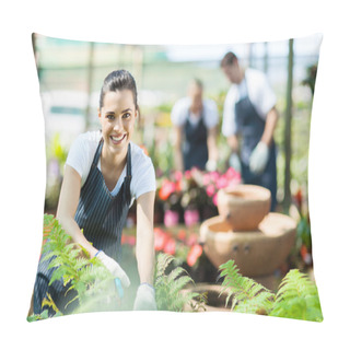 Personality  Happy Female Nursery Worker Trimming Plants In Greenhouse Pillow Covers
