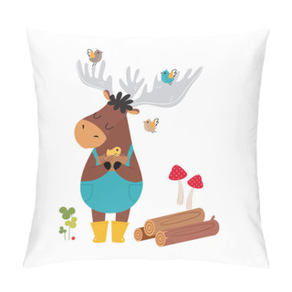 Personality  Horned Elk As Forest Animal In Rubber Boots Holding Nest With Birds Vector Illustration Pillow Covers