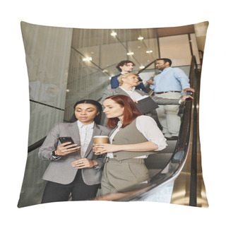 Personality  Diverse Group Of Business People Standing On Escalator, Moving Upwards. Pillow Covers
