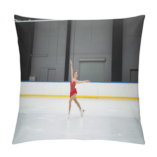 Personality  Full Length Of Happy Woman In Dress Performing Dance In Professional Ice Arena Pillow Covers