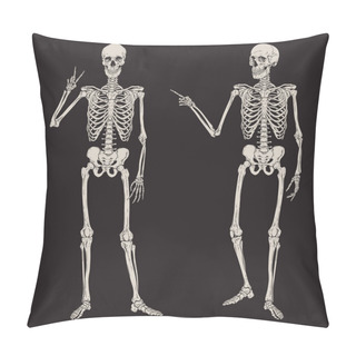 Personality  Human Skeletons Posing Isolated Over Black Background Vector Illustration. Hand Drawn Gothic Style Placard, Poster Or Print Design. Pillow Covers