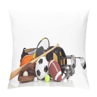 Personality  Assorted Sports Equipment On A White Background Pillow Covers