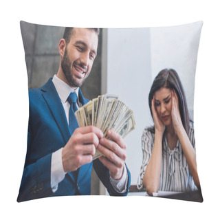 Personality  Low Angle View Of Happy Collector With Money Near Stressed Woman In Room Pillow Covers