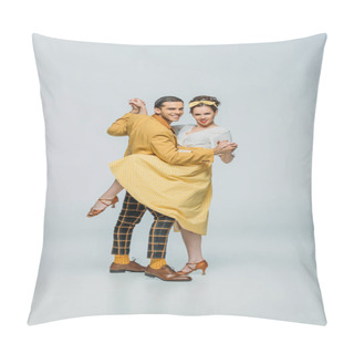 Personality  Smiling Dancers Holding Hands While Dancing Boogie-woogie On Grey Background Pillow Covers