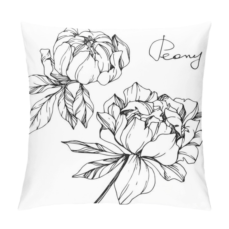 Personality  Vector isolated monochrome peony flowers sketch and handwritten lettering on white background. Engraved ink art.  pillow covers